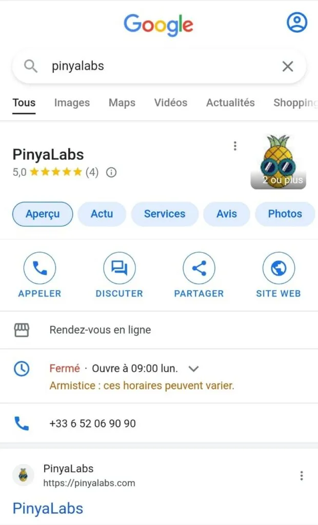 Capture d’écran d’une fiche Google My Business